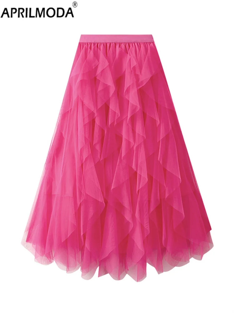 2025 Mesh Cake Midi Langer Damen-Tutu-Tüll-Maxirock Elegante Prinzessin Solide Rosa Schwarz Weiß Braun Faltenröcke mit hoher Taille