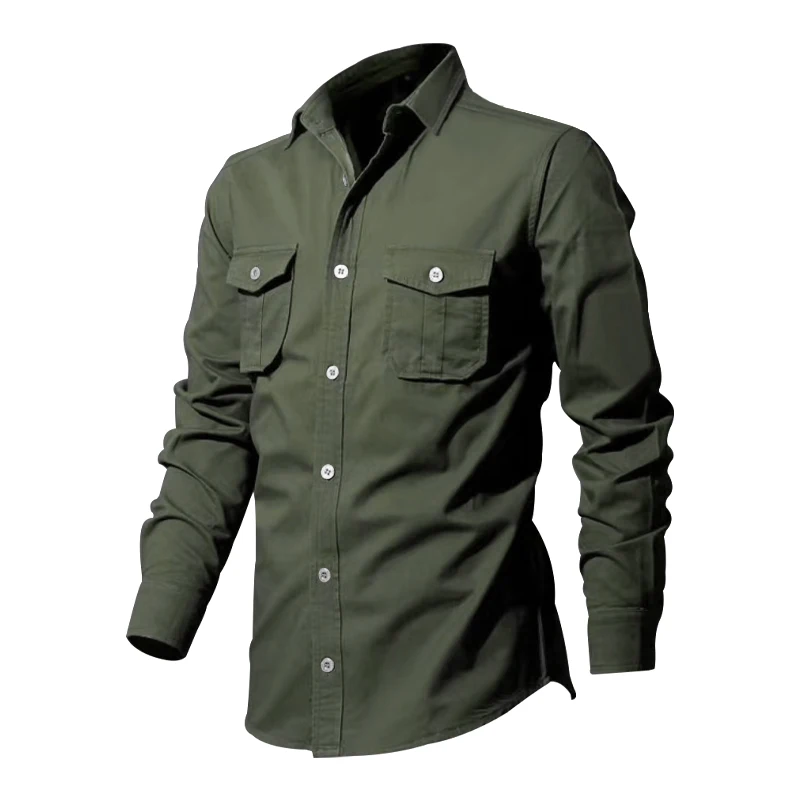 Spring And Autumn New Men\'s Shirt Loose Large Size Multi-pocket Vintage Cargo Shirt Solid Color Lapel Long-sleeved Shirt