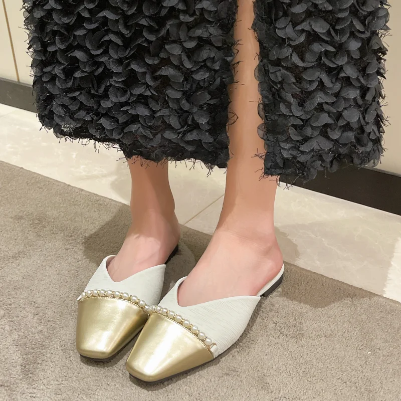 

Женская повседневная обувь на плоской подошве, демисезонная декоративная обувь из искусственной кожи с цветным жемчугом и квадратным носком, 2023