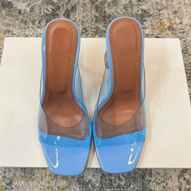 Cup High Heel Square Toe Slippers Women Transparent PVC Sandals Ladies Summer Party Banquet Dress Shoes Runway Ladies Stiletto