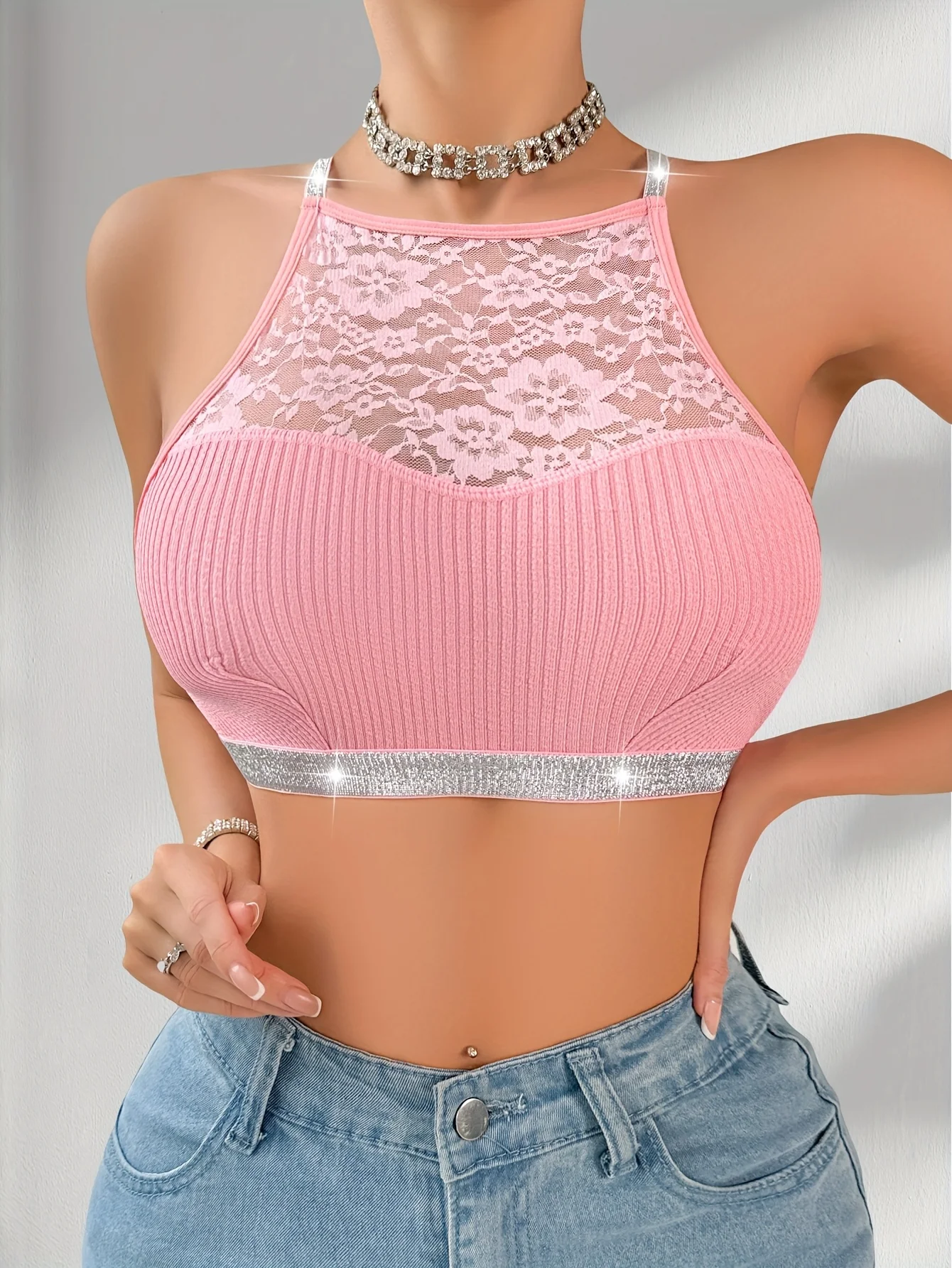 [Floral Lace Vest] Ladies' Vest, Fashionable Floral Lace Patchwork, Shiny Strip Decoration, Beautiful Back, Heart Ring Inlay