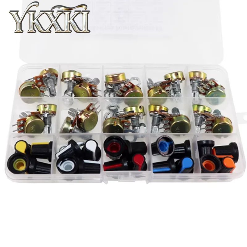 20Sets WH148 15MM Single Potentiometer Kits B1K/2K/5K/10K/20K/50K/100K/250K/500K/1M With White Blue Yellow Orange Red Knobs Set
