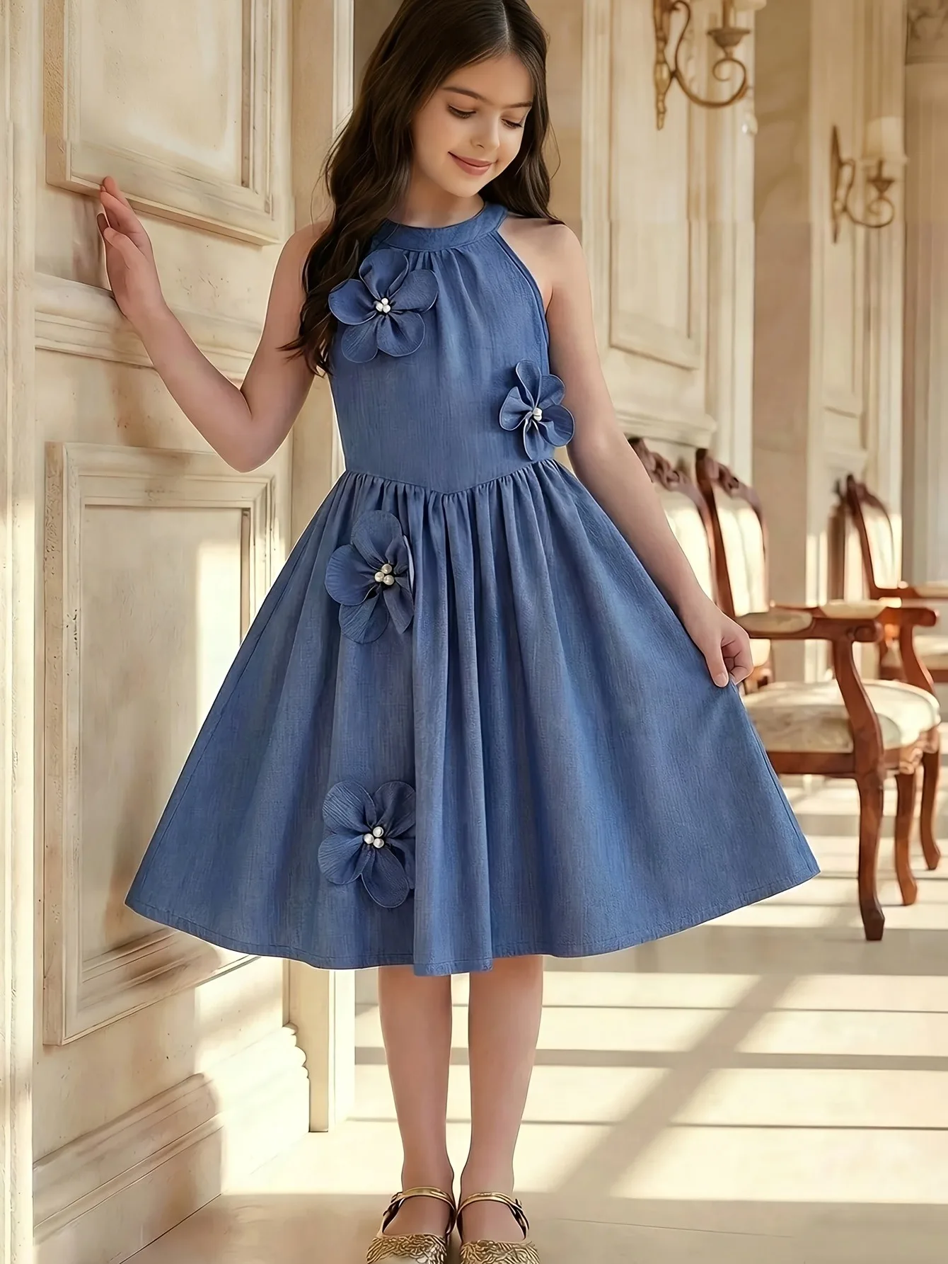 Mädchen-Jeanskleid mit Neckholder-Ausschnitt, 3D-Blumen-Perlen-Dekor, ärmelloses A-Linien-Midikleid, elegantes Kinderkleid für Geburtstagsfeiern, Alltag und Freizeit. – Detail 2