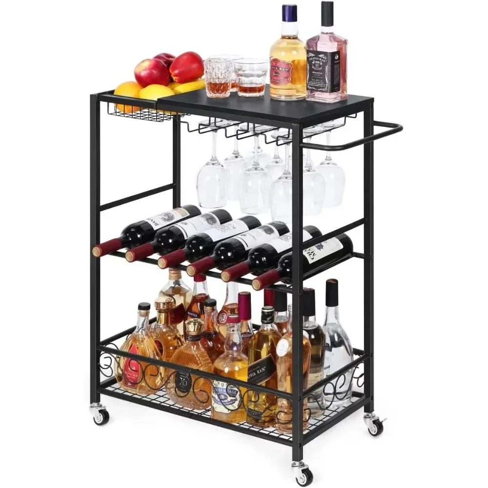 3 Tier Bar Serving Wine Cart, Industrial Style Kitchen   Black