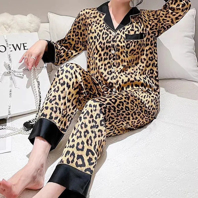 Korean Sexy Leopard Print Autumn Pajamas Women\'s Long-sleeved Suit High-end New Ice Silk Trousers Loungewear Trendy Loungewear