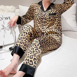 Korean Sexy Leopard Print Autumn Pajamas Women's Long-sleeved Suit High-end New Ice Silk Trousers Loungewear Trendy Loungewear