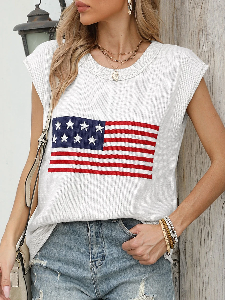 

HzDazrl Women American Flag Graphic Cap Sleeve Vest Knit Top Casual Crew Neck Pullover Sweaters Summer Knitted Tank Tops