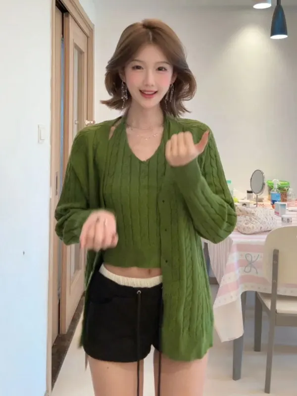 

Laid-ba Loose Knitted Cardigan Set Vintage Sle Long Sve round Ne Cotton Casual Comfortable Two-piece Winter New Arrival