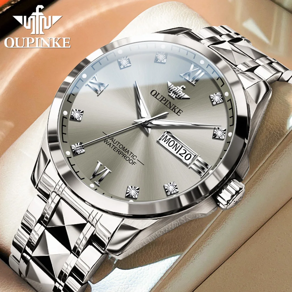 OUPINKE Brand High Quality Tungsten Steel Automatic Mechanical Watch Men Full Steel 50M Waterproof Sapphire Luxury Mens Watches