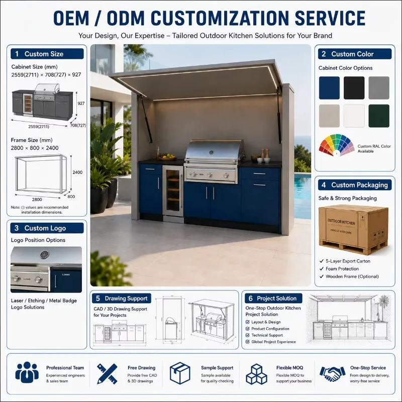 Heavy Duty Stainless Steel Modular Outside Kitchen Cabinet with Roof Adjustable Gazebo BBQ Kitchen Island Customized