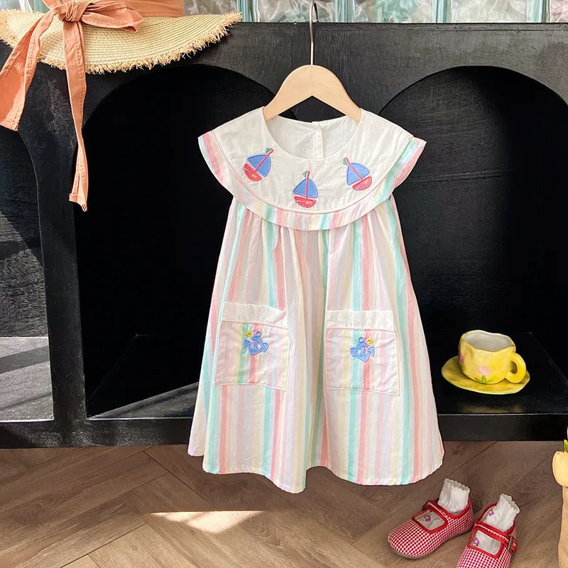 Colorful Striped Sailing Embroidery Girls Dress2024Summer Navy Style Sleeveless