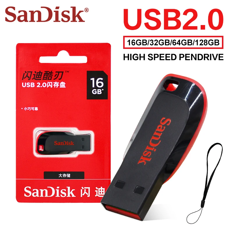 SanDisk 128G 16G 32G 64G Original Cruzer Blade USB Flash Drive Compact Design USB2.0 High-performance For Desktops/Laptop/PCs/TV