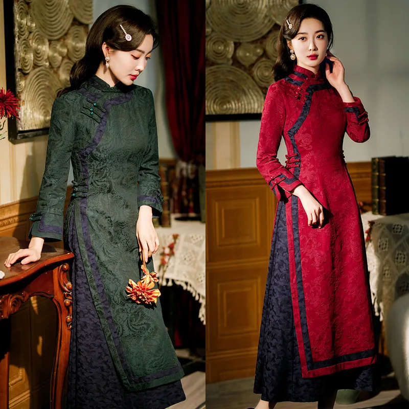 Spring Cotton Linen Cheongsam Middle-aged Long Sleeves Qipao Chinese Style Traditional Plate Buckle Ao Dai Retro Modern Dress