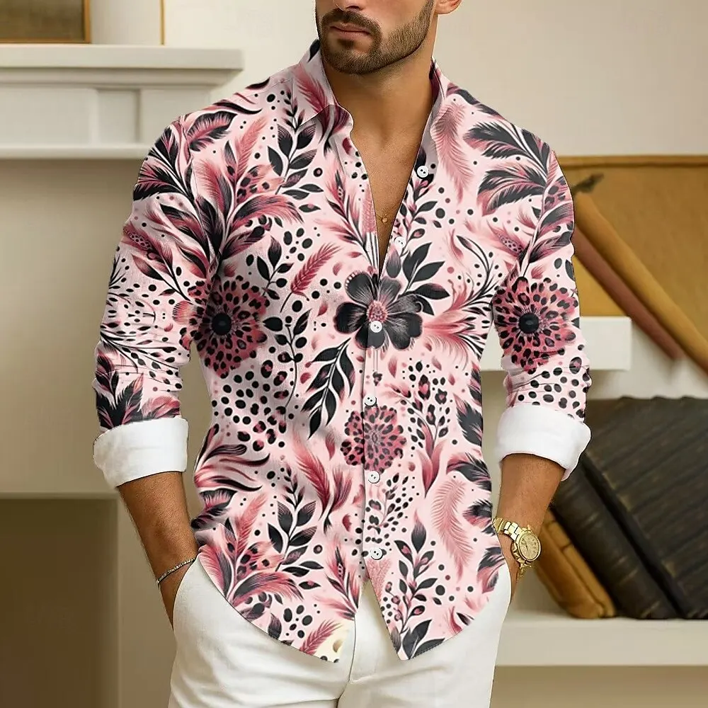 Herren Langarmhemd Blatt Pflanze Blumen 3D Bedrucktes Hemd Button-Down-Hemd Outdoor Urlaub Herbst Revershemd Herrenbekleidung