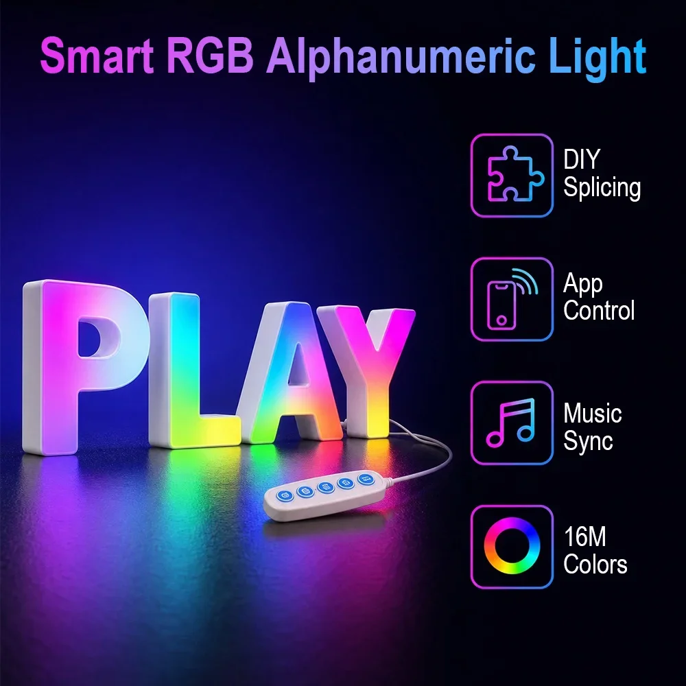 RGB Color Changing Letter Number Sign Light Bluetooth APP Control Music Sync,DIY Splicable USB 5V Wall Decor Lamp For Party Game