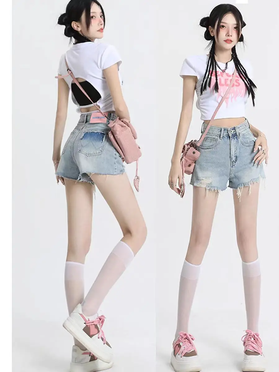 

High Waist Blue Hole Denim orts Women plus Size Flared A-Line Hot Pants Summer Faion Casual High Waist orts