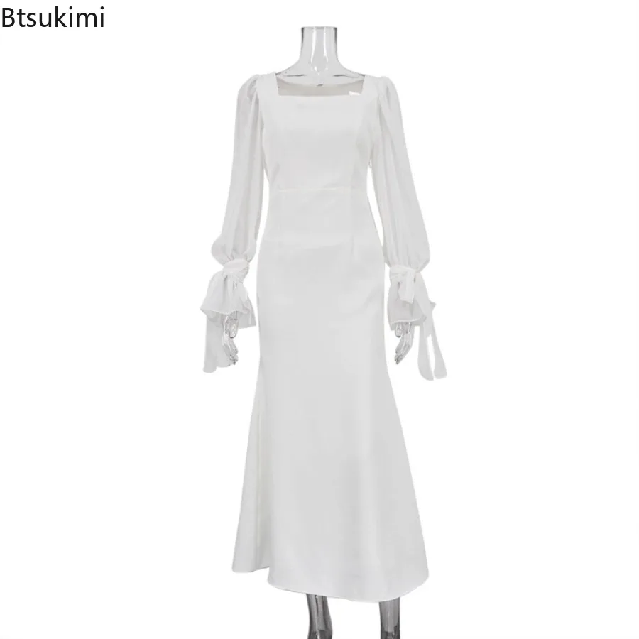 Women's French Style Dress Fashionable Slim Fit Square Neck Ankle Length Fishtail Skirt Spring New Solid Waist Cinching Dress