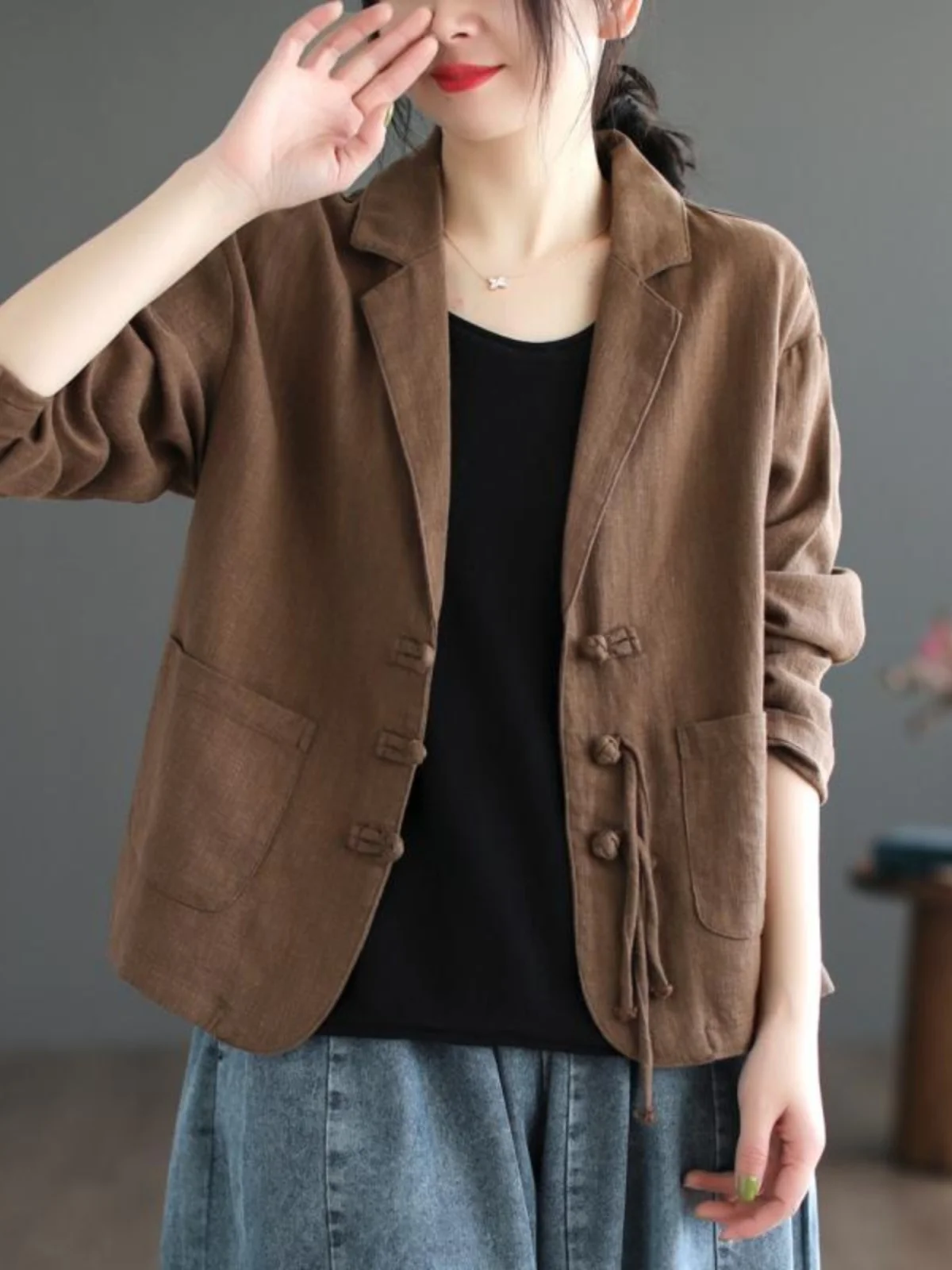 

Ele женский хлопково-льняной костюм Jaet, универсальный утягивающий открытый кардиган, сезонная весна-осень, длинная офисная одежда Sve