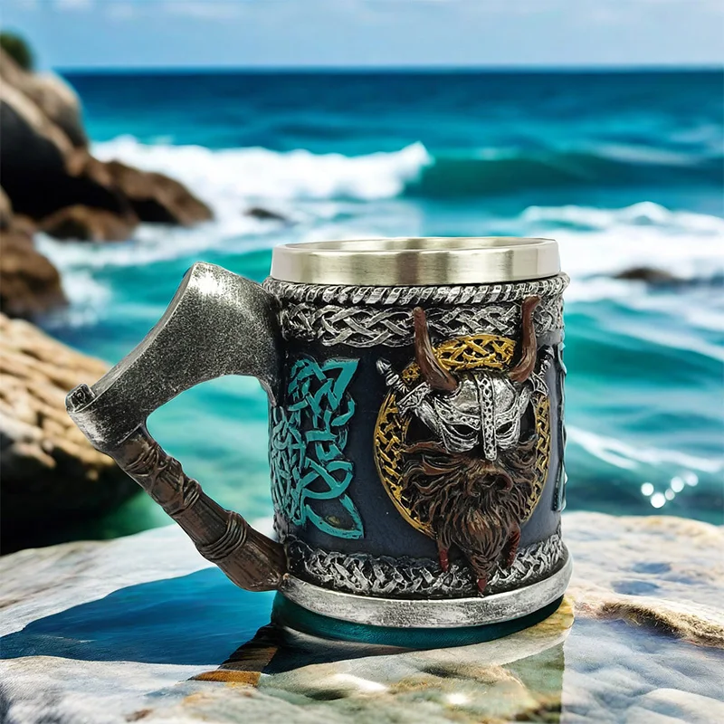 Valhalla Viking Stainless Steel Nordic Viking Barrel high-capacity Dragon Boat Warrior Horn Skull Beer Mug Tankard Stein Cup 450