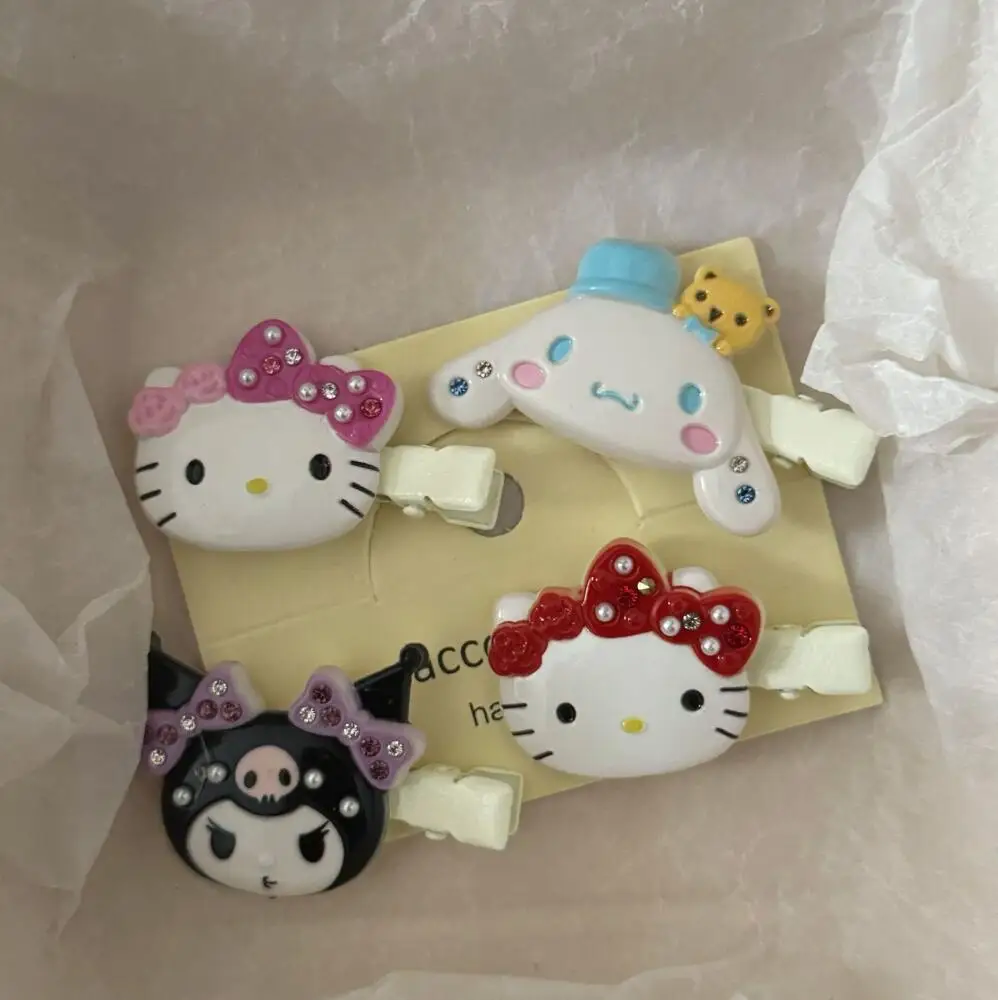 Sanrio Hello Kitty Haarspeldjes Glanzend Roze Kristal My Melody Kuromi Vrouwen Haren Accessoires Zoete Meisjes Hoofdtooi Pony Clip Gift