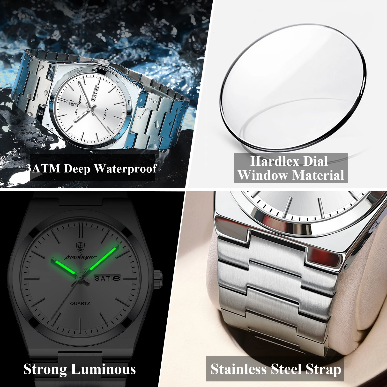 POEDAGAR Luxury Business Man Wristwatch Waterproof Luminous Stainless Steel Men Watch Date Week Fashion Quartz Men's Watches+Box