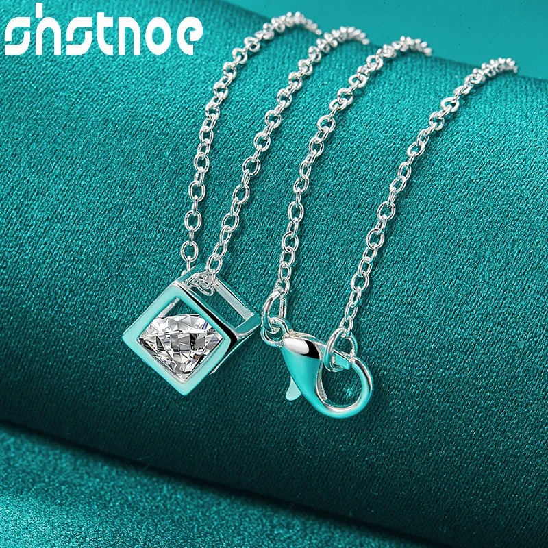 

SHSTONE 925 Sterling Silver Necklace Zircon Cube Pendant 16-30 Inch Chain Necklaces Women Fashion Wedding Party Jewelry