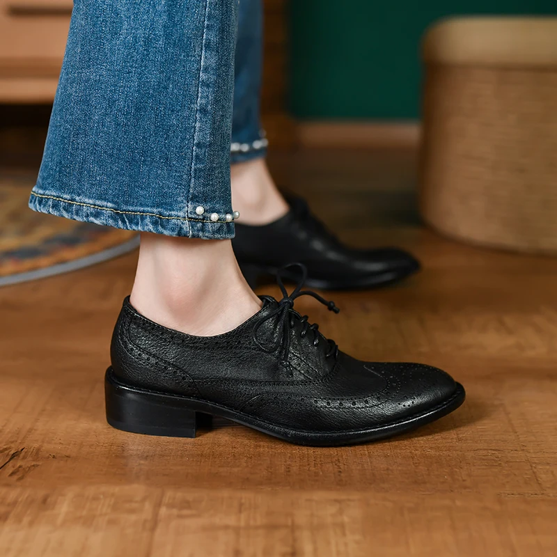 Lace-Up Brogue Shoes for Women Vintage Oxfords Flat Shoes Woman Cowhide Lady Flats Retro Low Heel British Style Quality Oxfords