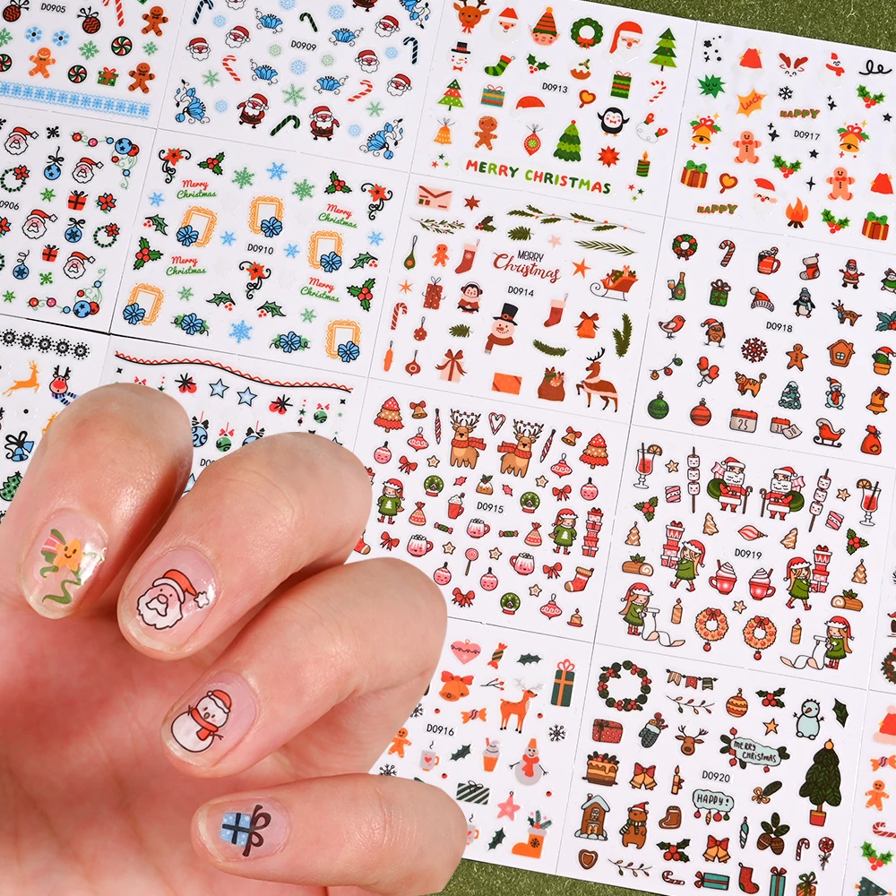 24 pezzi di cartone animato pupazzo di neve cappello da Babbo Natale adesivi per nail art rosso verde ghirlanda/fiocchi di neve/palloncini decalcomanie per unghie mini decorazioni per manicure fai da te