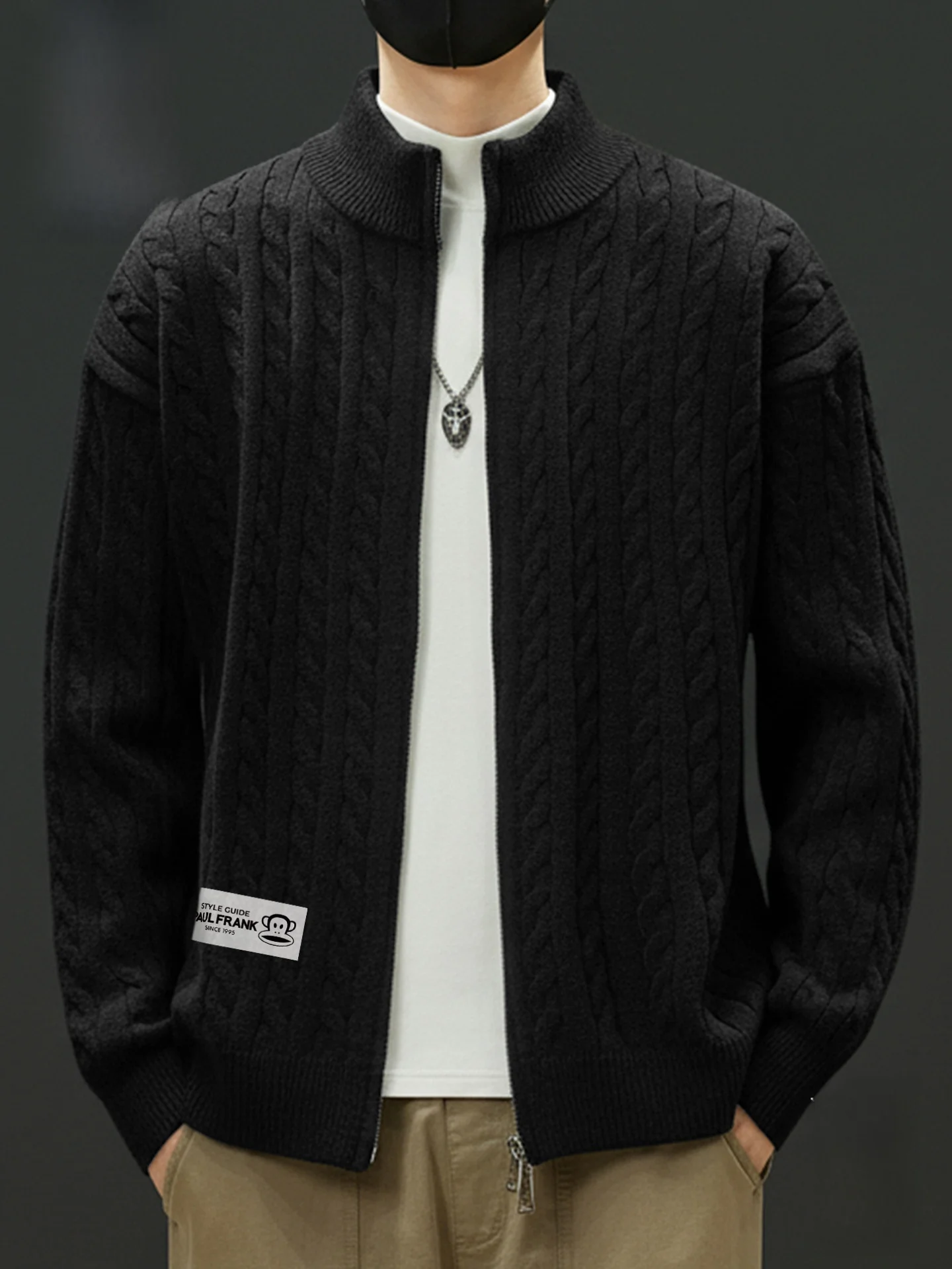 

Double Zipper Open Cardigan Sweater Men's Autumn Winter Thiened American Sle Knittedwear Soft Loose Fit Warm