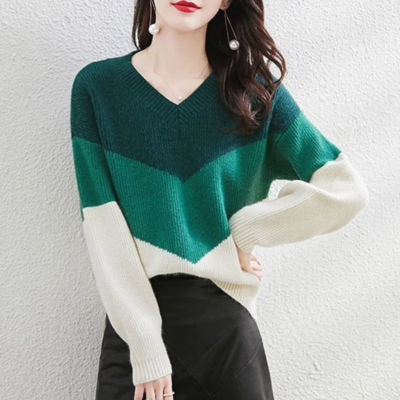 New Autumn and Winter Fashion Trend Color Matching V-neck Loose and Versatile Foreign Style Slimming Women's Knitted Sweater