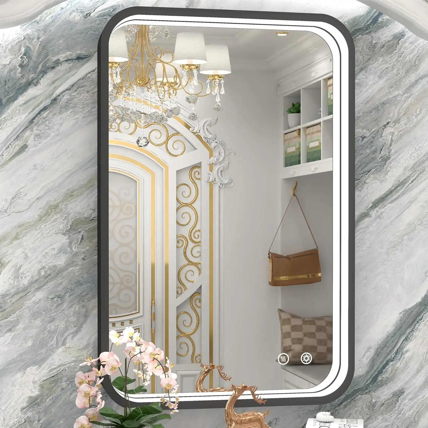 

24 x 36 Inch Black Frame LED Mirror, Vanity Mirror with Lights, Anti-Fog Dimmable Lighted Bathroom Mirror for Wall