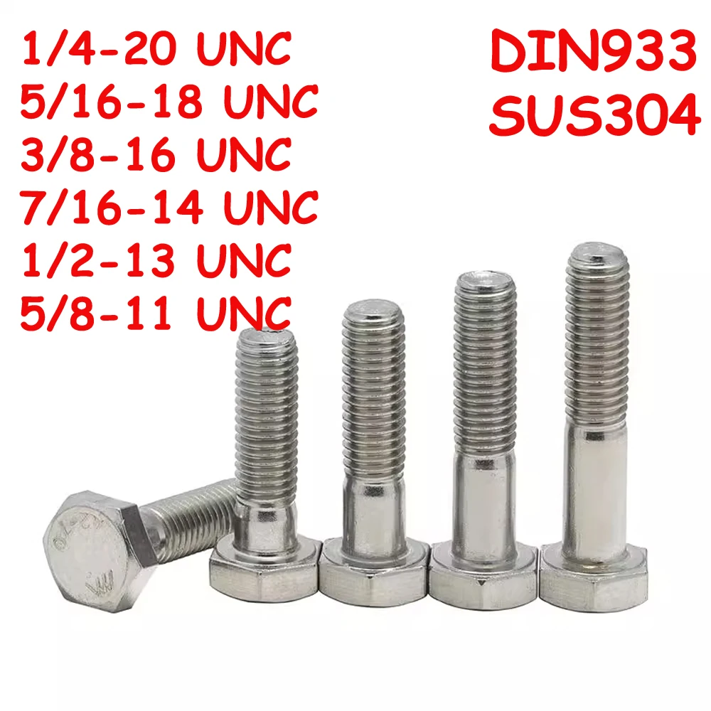 

Винты с шестигранной головкой 1/4 5/16 3/8 7/16 1/2 5/8 дюйма UNC DIN933 SUS304 Болты с шестигранной головкой из нержавеющей стали с частичной резьбой