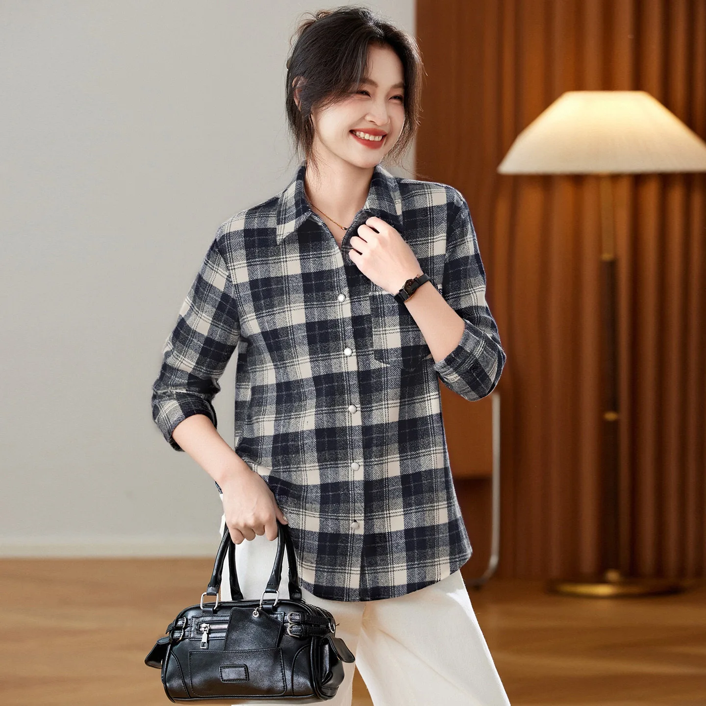 

Thiened Flannel Plaid irt Cotton on Korean Sle Women's Loose Fit Commute Sle Long Sve Autumn Season China Made