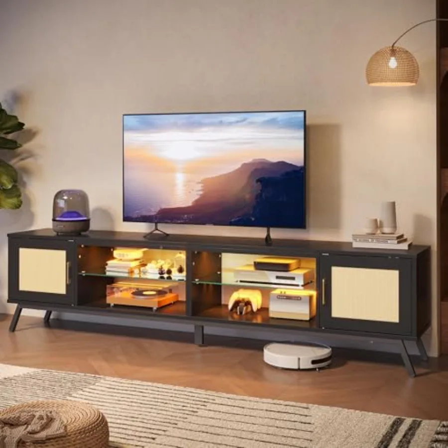 80 Inch Black Rattan TV Stand with Storage for 85 Inch TV, 4-in-1 Mid Century Modern Entertainment Center with LED Lights, Door