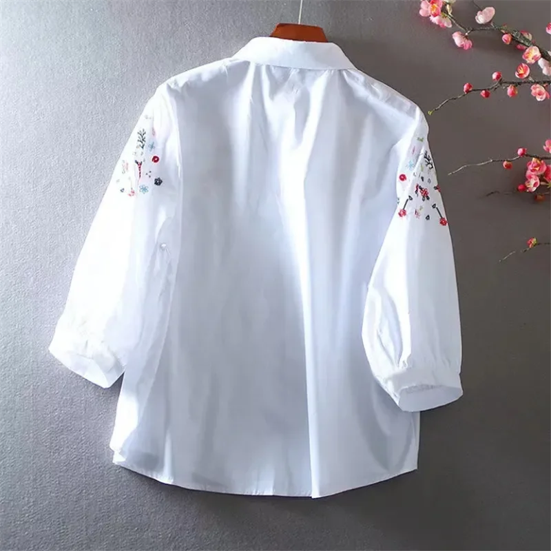 Women Cotton Blouses Embroidery Shirt Loose White Shirts New Casual Office Lady Blouse 3/4Sleeve Female Top Cardigan Shirt ﻿