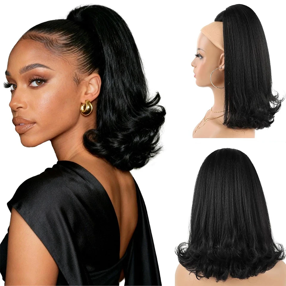 Black Yaki Straight Drawstring Ponytail Extension Slightly Warped Ponytail Hairpiece Synthetic Hair Suitable for Daily Wear