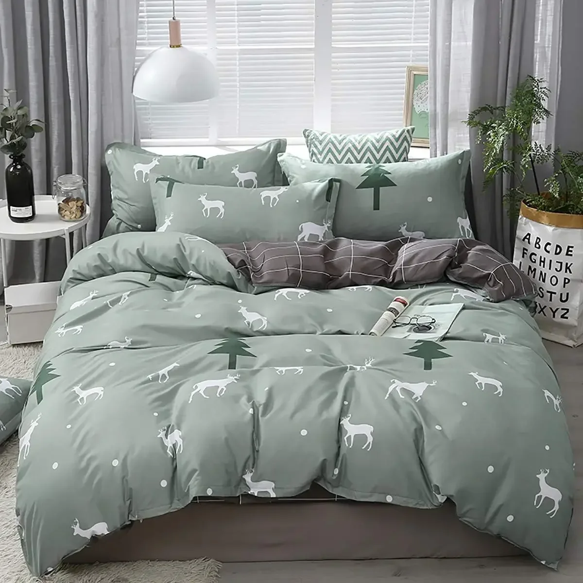 Duvet Cover Set Sage Green Queen Size Christmas Cartoon Elk Deer Tree Bedding Set Soft Microfiber Comforter Cover for Girls Boys