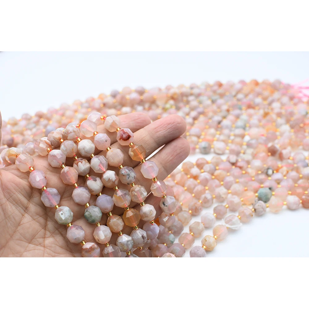 

10mm Natural Faceted Cherry Blossom Agate irregular Round Stone Bead For DIY necklace bracelet jewelry make 15 "free delivery