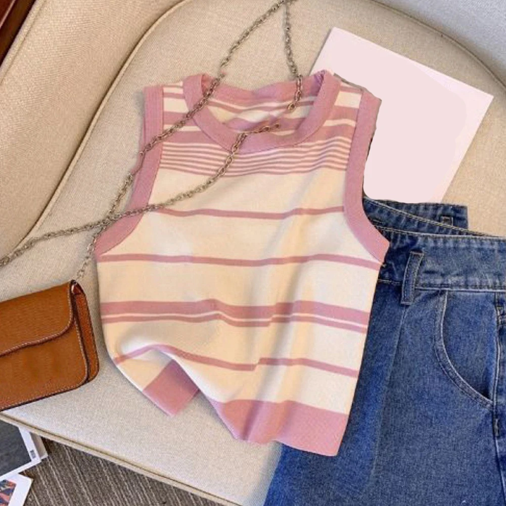 

Stripes Cropped Tops Womens Casual Tops Basic Style Daily Outfit Microelasticity Fabric Basic Sleeveless Casual Top