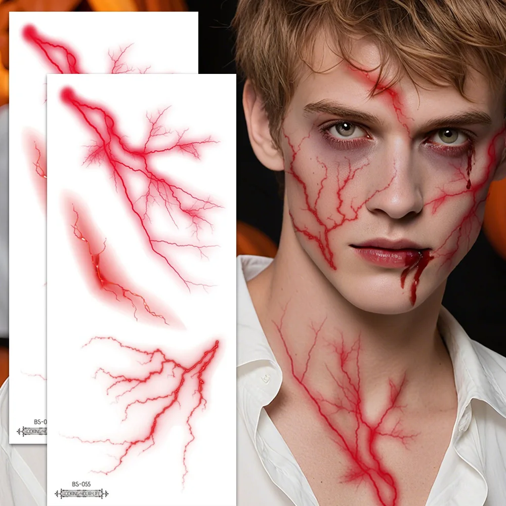 2PCS Large Fake Tattoo Stickers - Detailed Black and Red Lightning Vein Design for Halloween Party, Face & Body Art Supplies