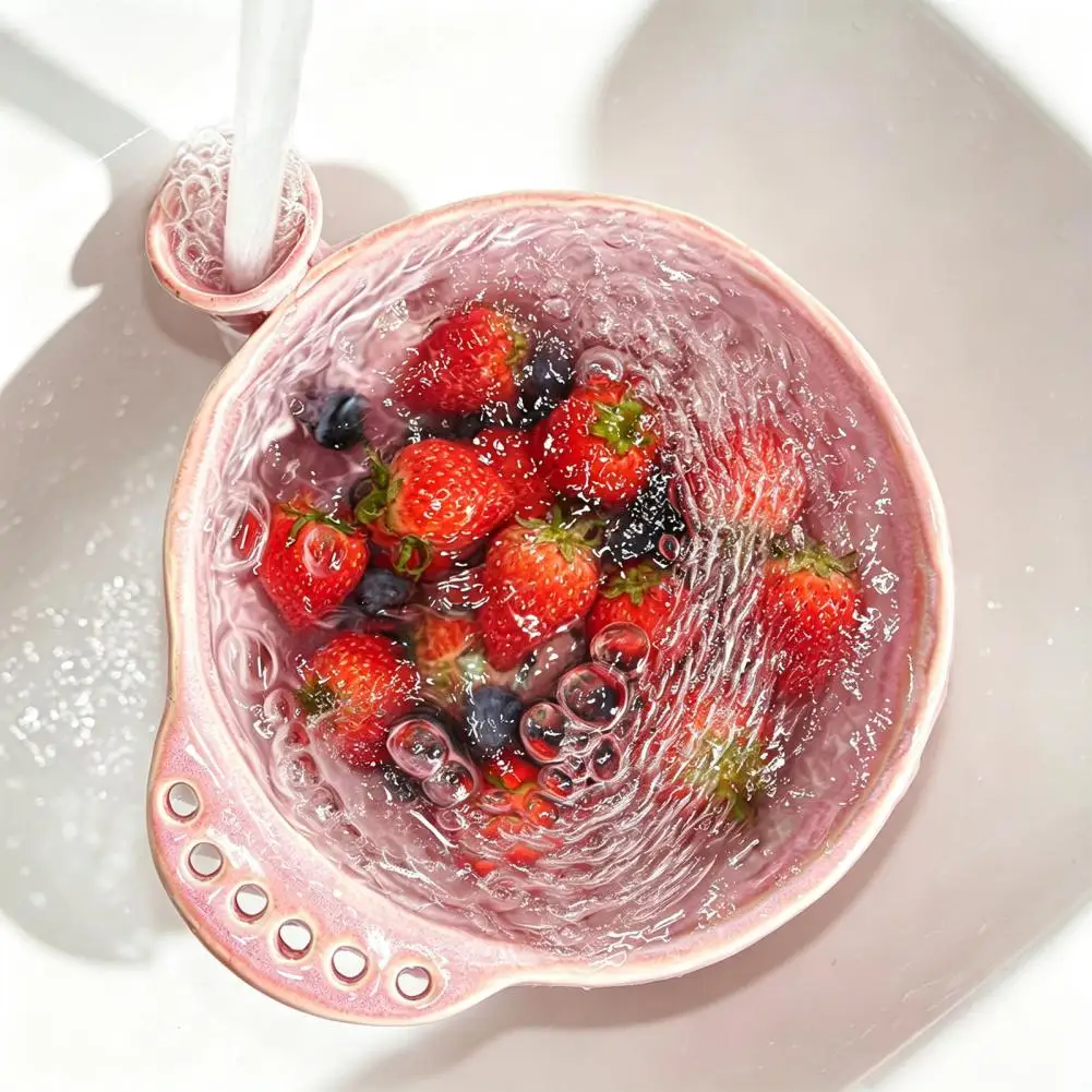 Vegetable Basin Ceramic Berry Washing Bowl with Drainage Hole 360° Self Rinsing Fruit Strainer Fresh Vegetable for Kitchen