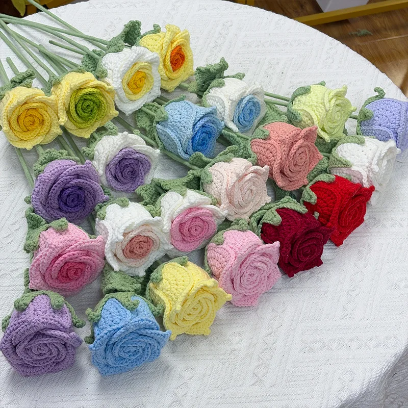 

1PC Handmade Kintted Rose Flower Crochet Artificial Yarn Flowers Wedding Valentine's Day Gift Flores Tejidas Home Party Decor