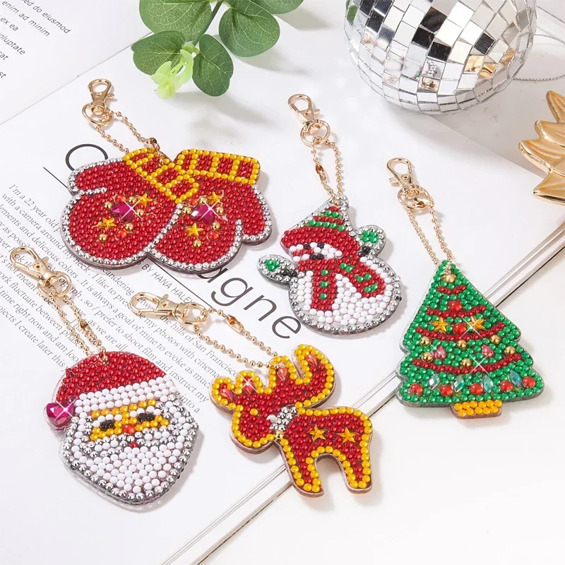 5pcs/Sets Diamond Painting Pendant Keychain Christmas Matryoshka Female Bag Pendant Round Diamond Shaped Diamond Key Ring Gift