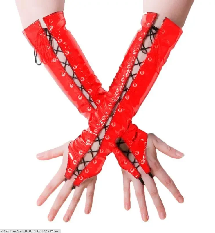 Gants longs et Sexy en PVC pour femmes, noirs et rouges, suspendus, en Faux cuir, laçage, pour boîte de nuit, Costumes de Cosplay Sexy DS