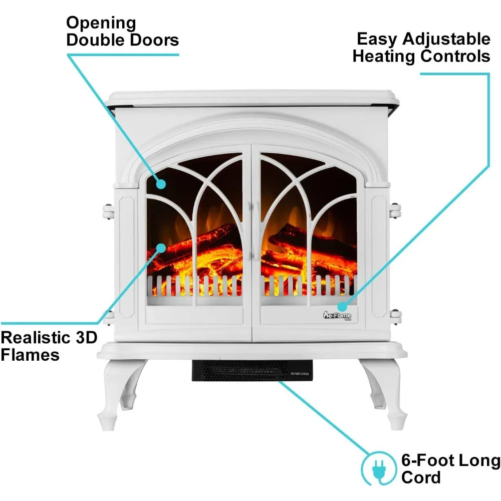 Portable Freestanding Electric Fireplace Stove - 3-D Log and Fire Effect (White)