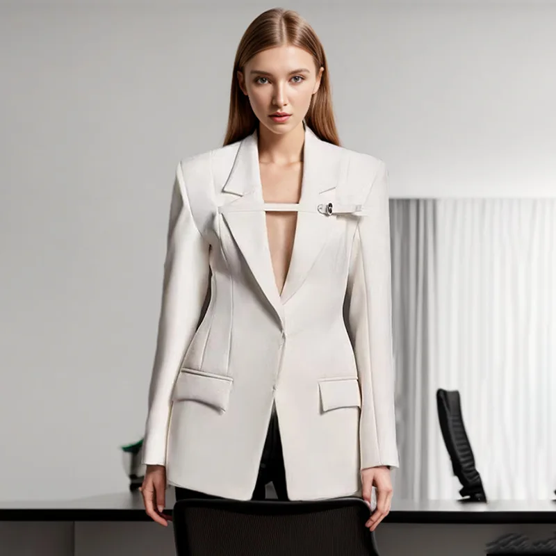 

Fashion Women Trench Coat Notched Collar High Waist Front Ribbon Covered Button White Business Suits Spring 2024 New Suit Jacket