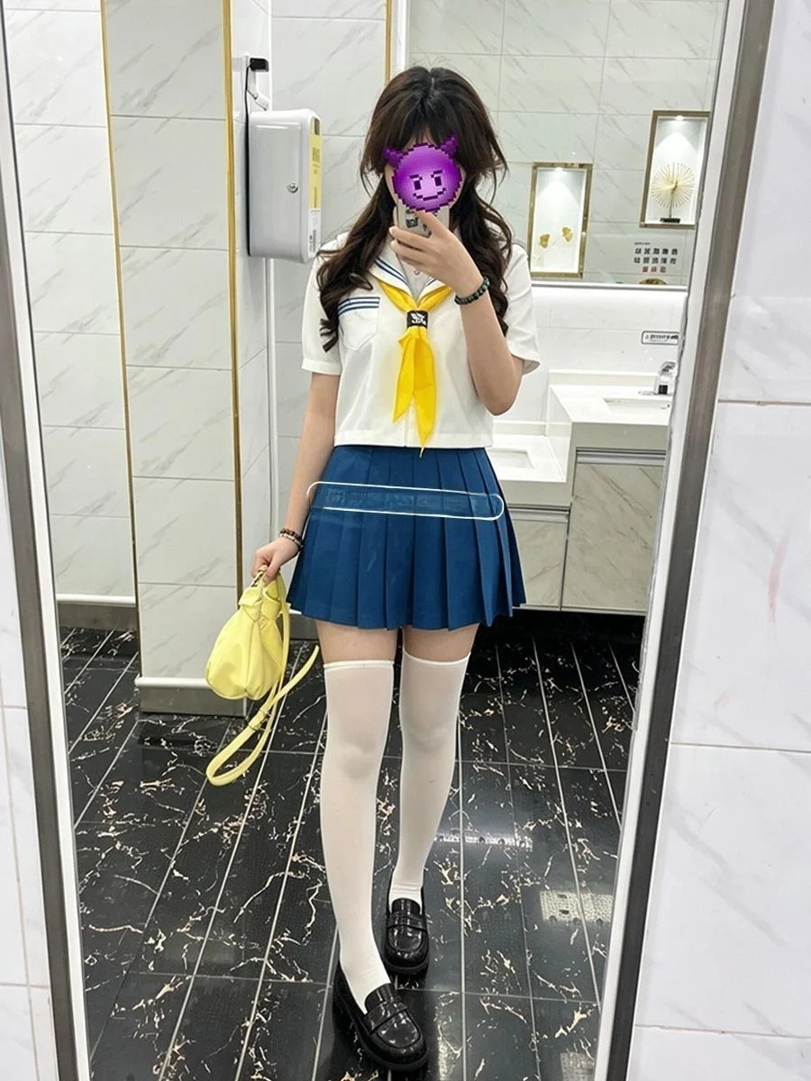 Original JK Uniform White Collar Navy Short Sleeve School Uniform Top And Skirt Set Middle School Basic Plaid Skirt Set