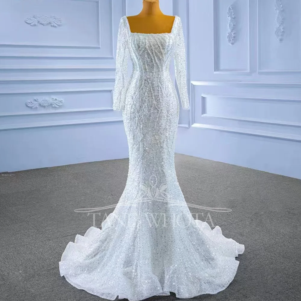 Elegant Luxury Sequined Beading Wedding Dress With Square Collar Long Sleeve Lace-Up Back And Detachable Train Sheath Style