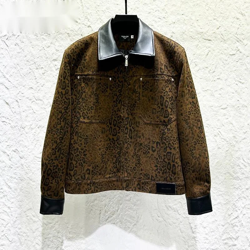 American Style Male Outerwear Winter Personalized Patchwork Leather Color-Block Turn-Down Collar Leopard Print Coat ZS36