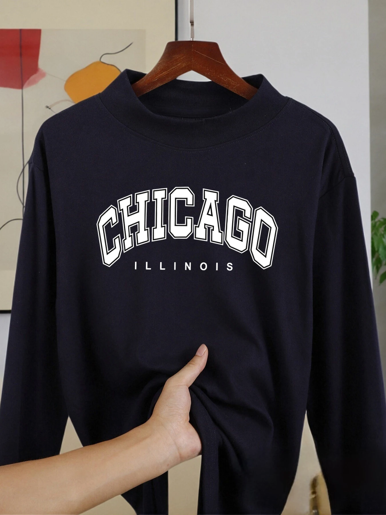 قميص Chicago Letter Logo بأكمام طويلة، قمصان ناعمة دافئة سميكة بنصف ياقة عالية، طبقة أساسية من الصوف المخملي، قمصان مناسبة دافئة